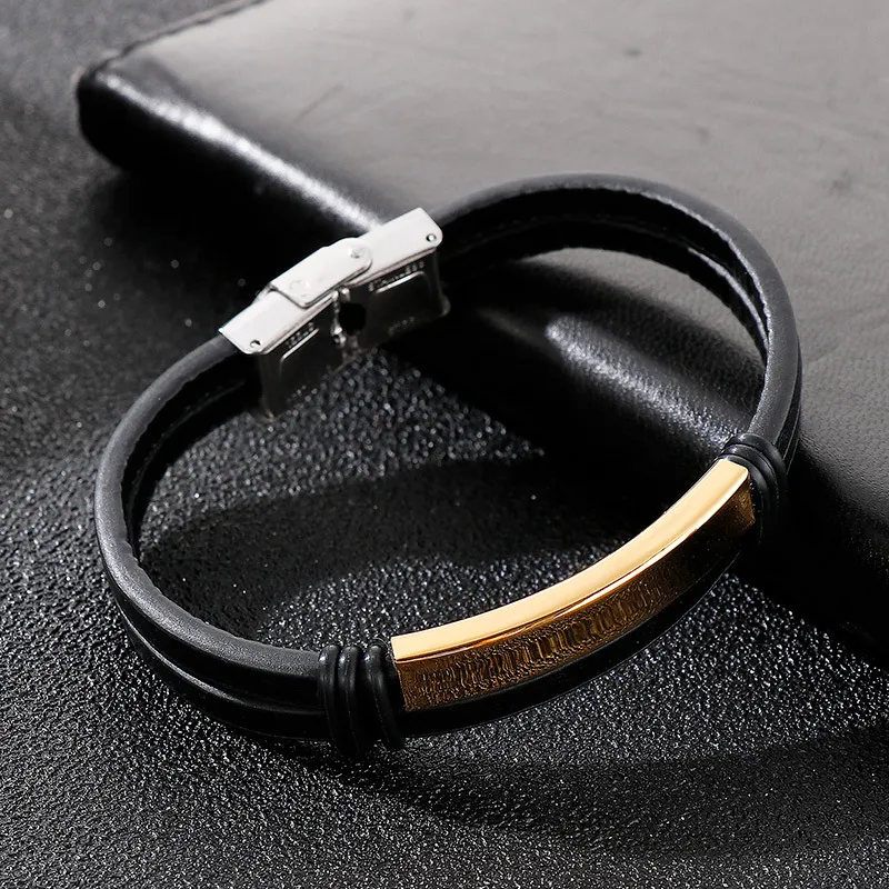 Stainless Steel Geometric Curved Plate Engraved Men's Woven Double-Layer Leather Bracelet Jewelry Wholesale