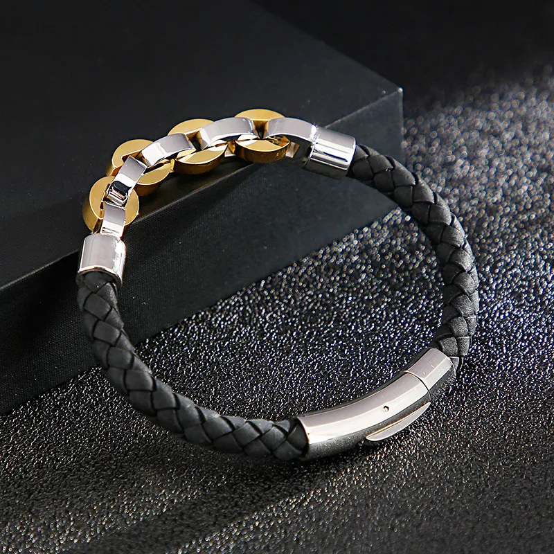 Men's Trendy Stainless Steel Braided Leather Rope Splicing Chain Domineering Leather Bracelet