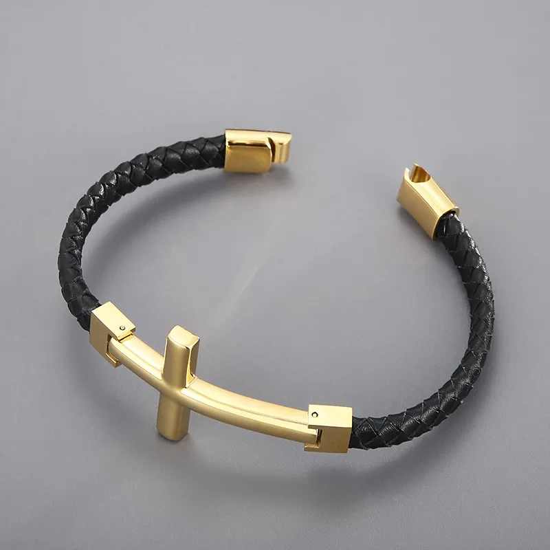 Trendy Stainless Steel Cross Woven Single Circle Cowhide Rope Leather Bracelet Wholesale Accessories