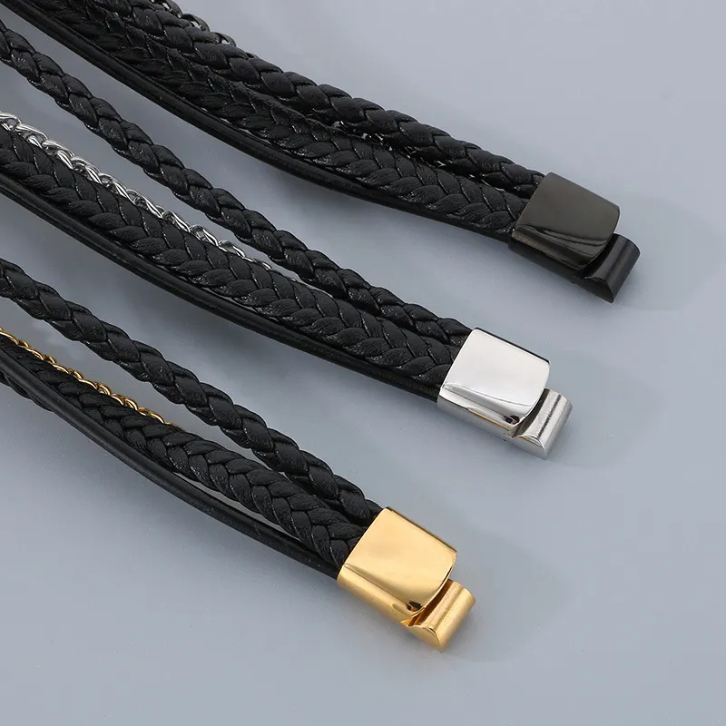 Men's Geometric Personalized Stainless Steel Magnet Buckle Multi Layer Braided Leather Bracelet Jewelry Wholesale