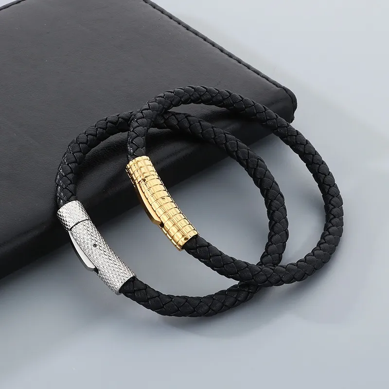 Fashionable Men's Stainless Steel Mesh Buckle Super Fiber Leather Rope Woven Bracelet Jewelry
