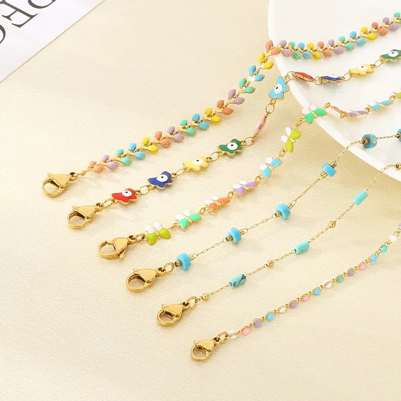 Bohemian Summer Accessories Bead Enamel Wheat Butterfly Stainless Steel Anklets for Women