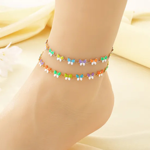Bohemian Summer Accessories Bead Enamel Wheat Butterfly Stainless Steel Anklets for Women