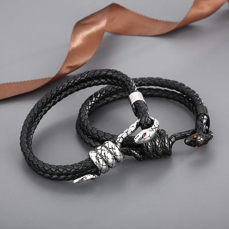 Fashionable Stainless Steel Winding Snake Animal Connection Hand Rope Woven Leather Men's Bracelet