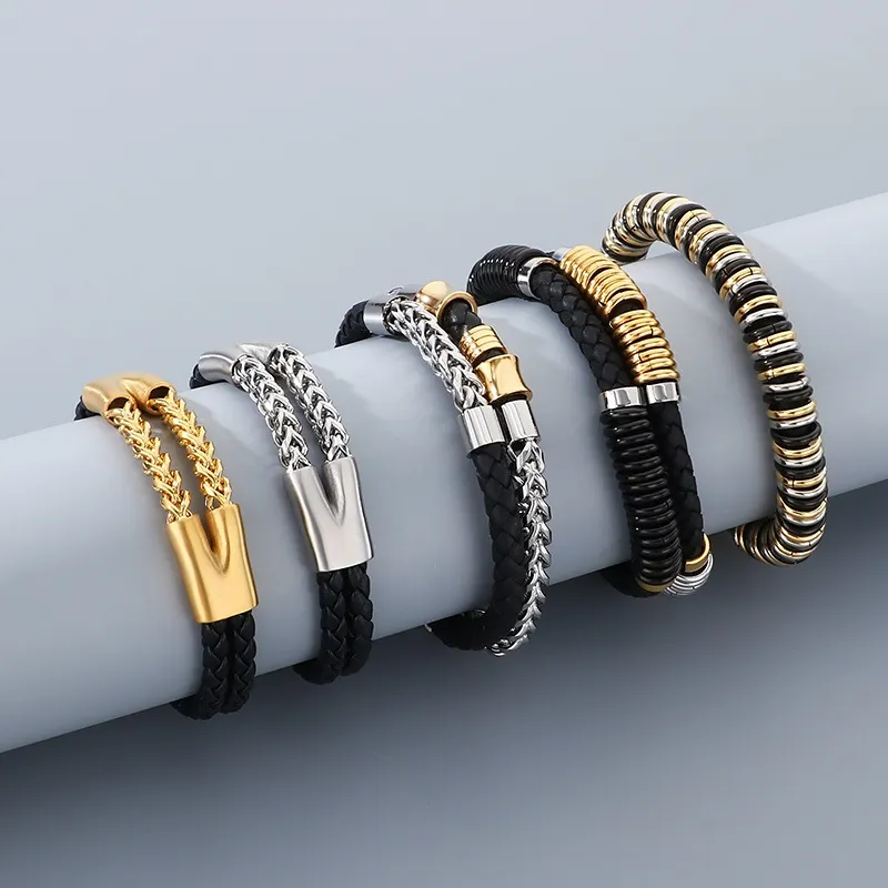 Trendy Stainless Steel Geometric Woven Multi-Layer Personalized Leather Bracelet