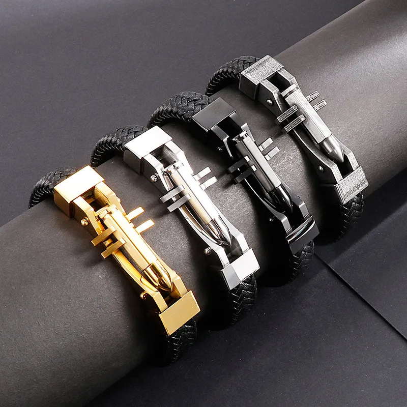 European and American Fashion Stainless Steel Creative Personalized Bullet Head Men's Leather Bracelet