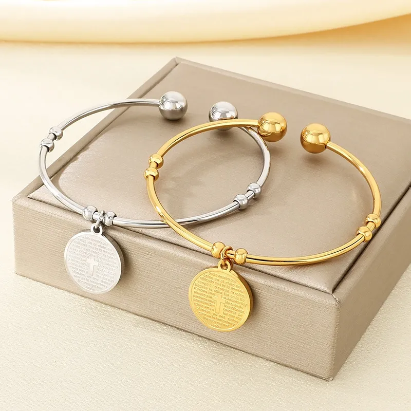 Stylish 18K Gold Round Cross Stainless Steel Openning Bangle Jewelry Wholesale