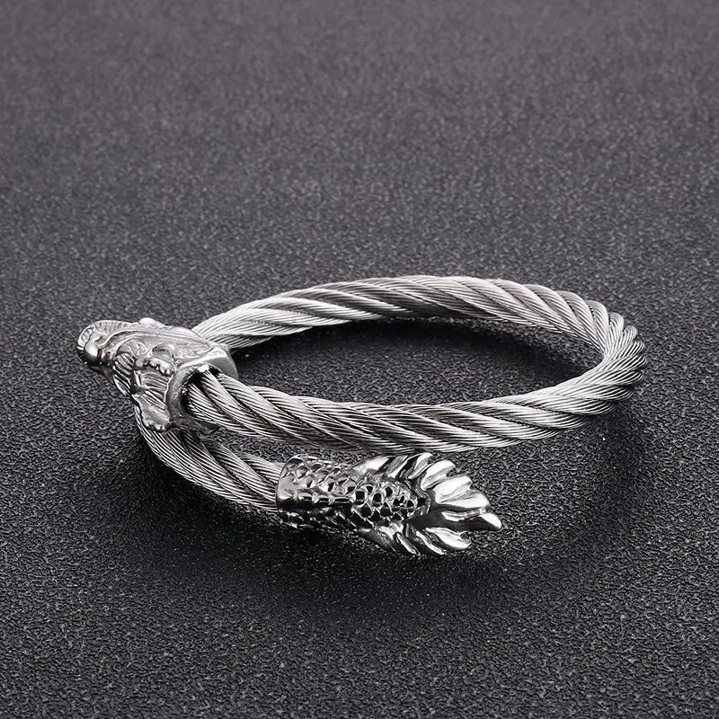 Trendy Open Cuff Bangle Punk Dragon Head Tail Stainless Steel Men's Bracelet
