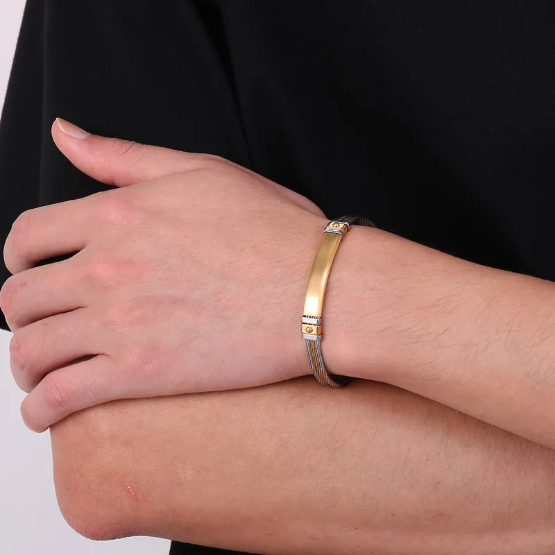 Stainless Steel Braided Three Row Steel Wire Rope Bangle with Curved Plate That Can Be Engraved with Letters