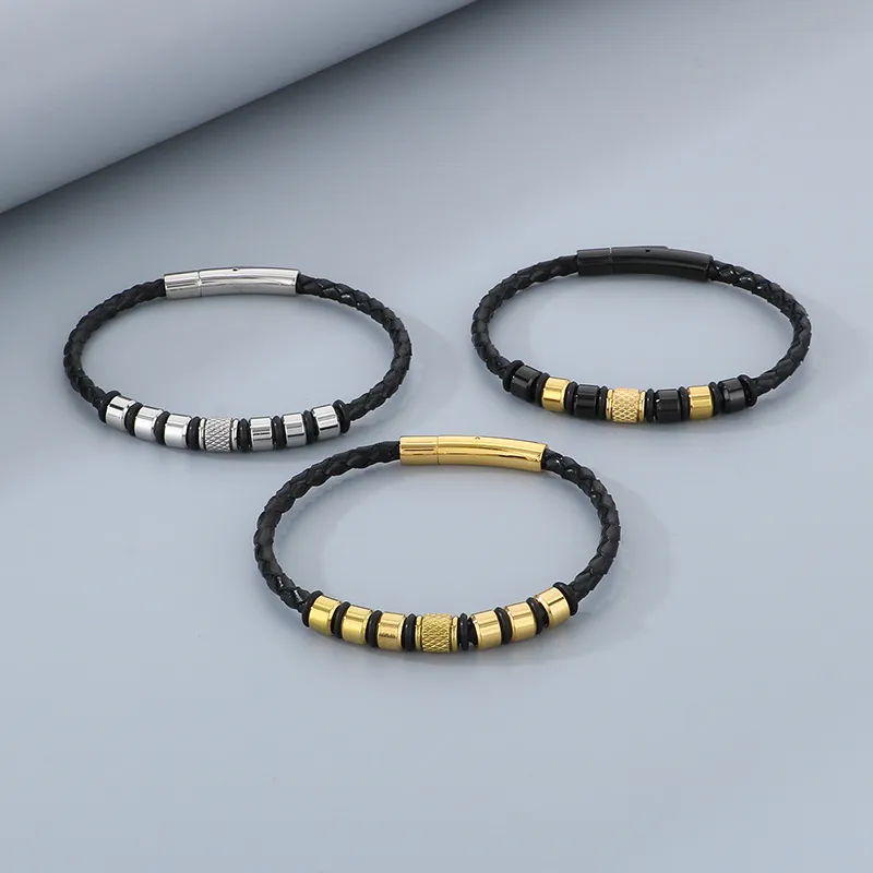 Trendy Men's Stainless Steel Unique Woven Geometric Mesh Leather Bracelet