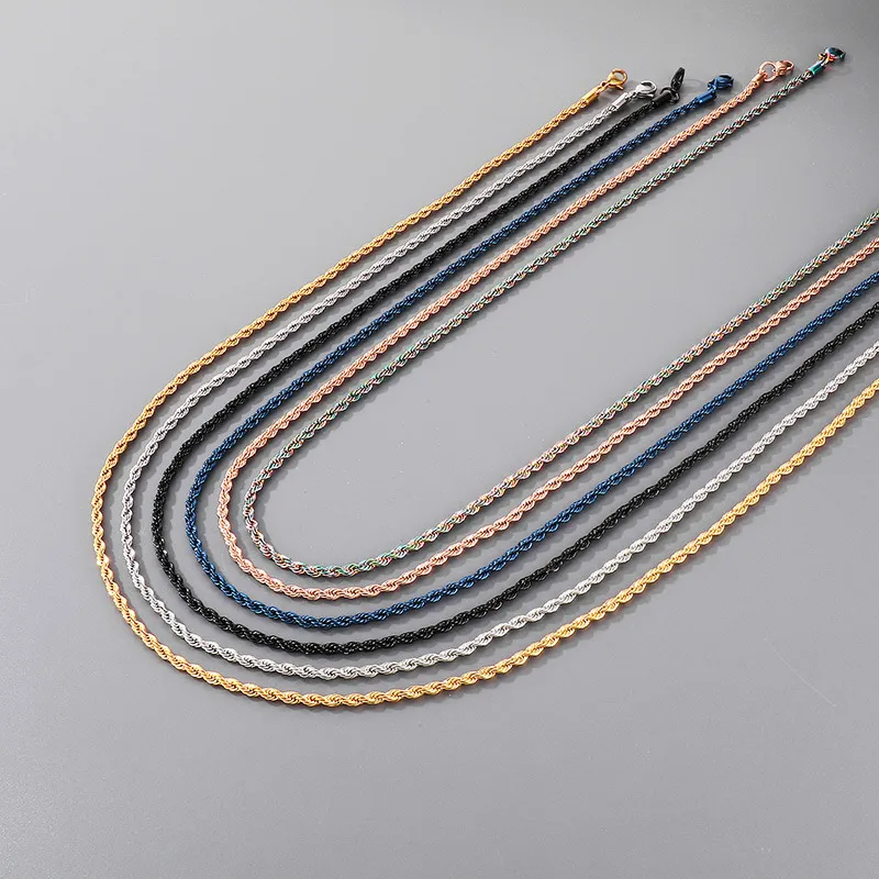 Cross-Border Sweater Chain Accessories, Hip-Hop Vacuum Plated 3mm Fried Dough Twists Chain, Regular Chain, Stainless Steel Necklace for Men and Women
