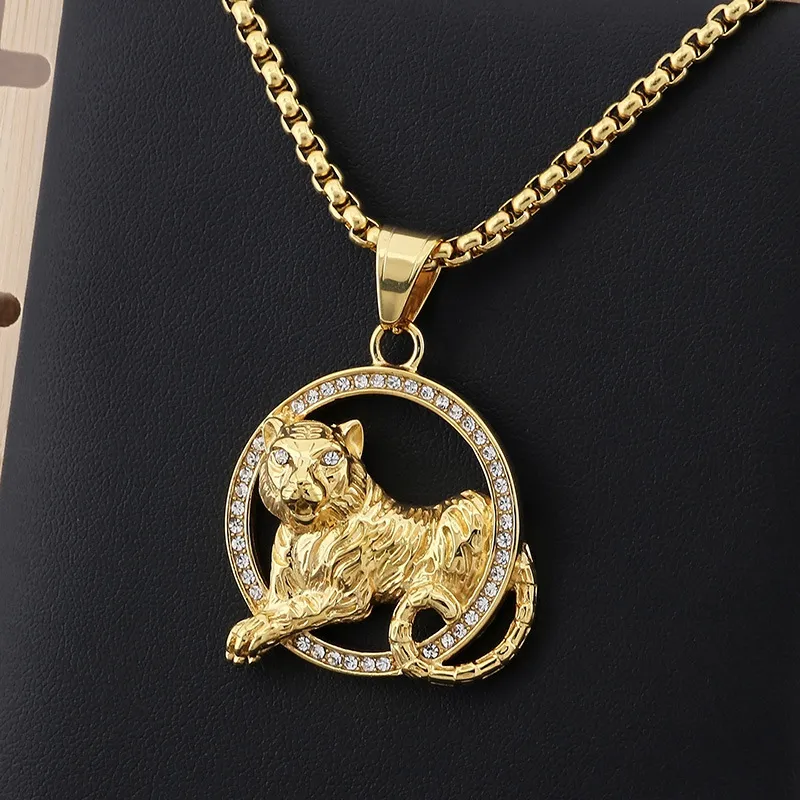 Personalized Rhinestone-Encrusted Animal Pendant, Hip-Hop Style Luxury Green, Red, and White-Eyed Tiger Stainless Steel Men's Pendant