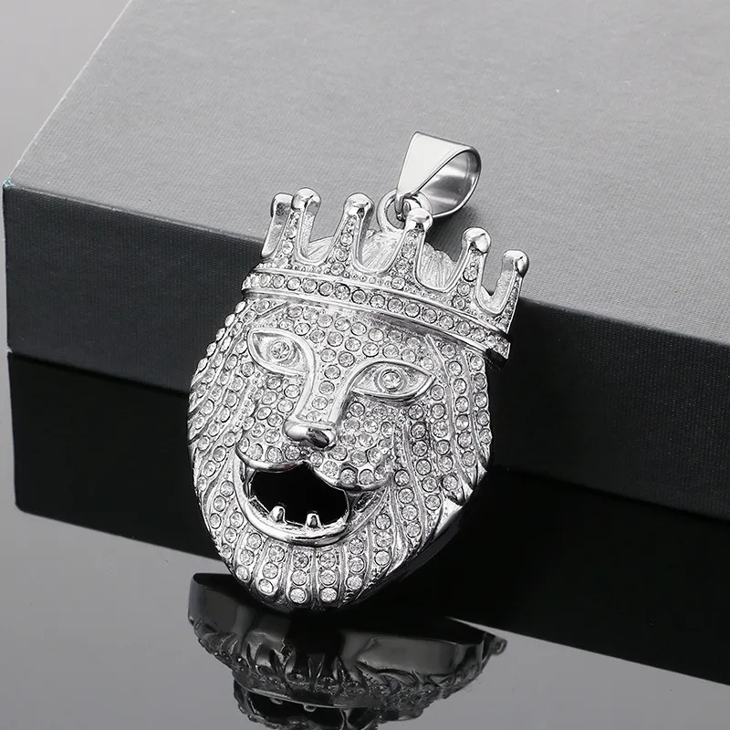 Hip-Hop Full Rhinestones Diamond Crown Lion Head Stainless Steel Men's Pendant