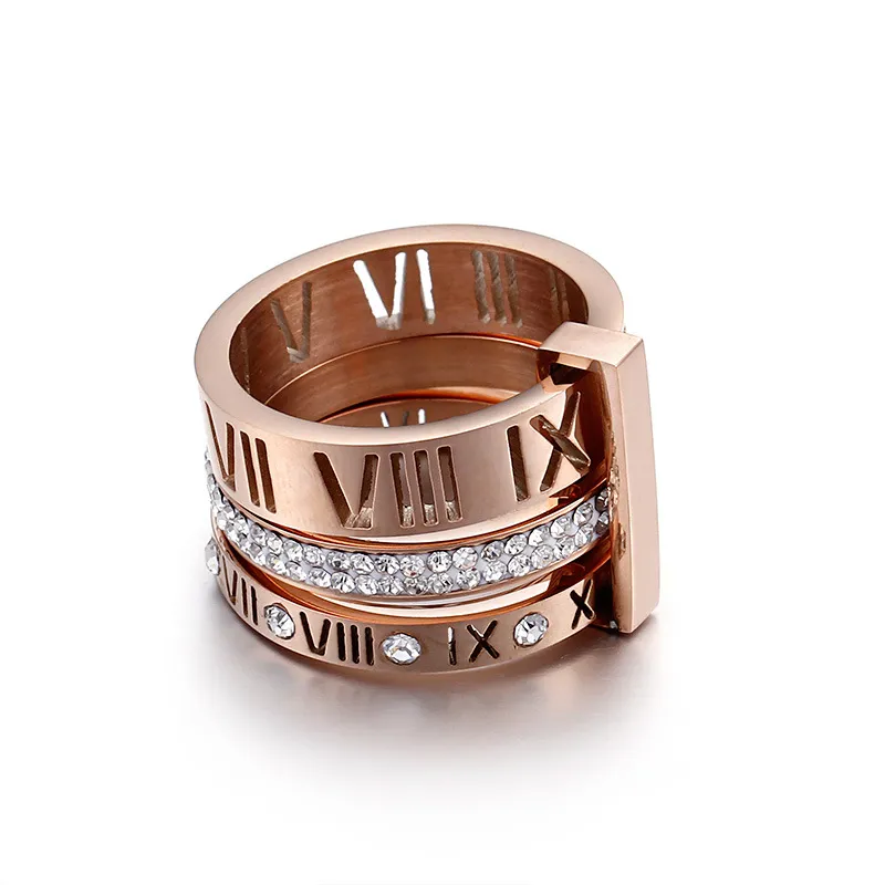 Elegant and Fashionable Stainless Steel Rhinestone Roman Numeral Jewelry Women's Ring