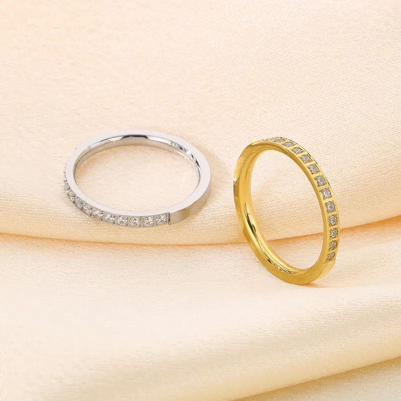 Fashionable and Sweet Single Row Diamond Studded Ring Stainless Steel Multi Style 18K Gold Plated Ring Jewelry Wholesale