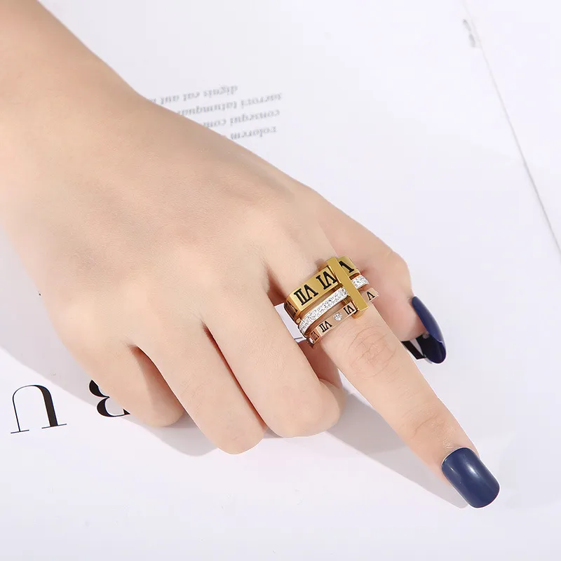 Personality Multi-Ring Square Ring Fashion Diamond-Embedded Roman Numeral Stainless Steel Ring Wholesale