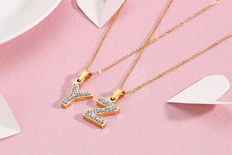 Women's Stainless Steel Full-Diamond 26 English Letters DIY Pendant Diamond-Embedded Collarbone Necklace