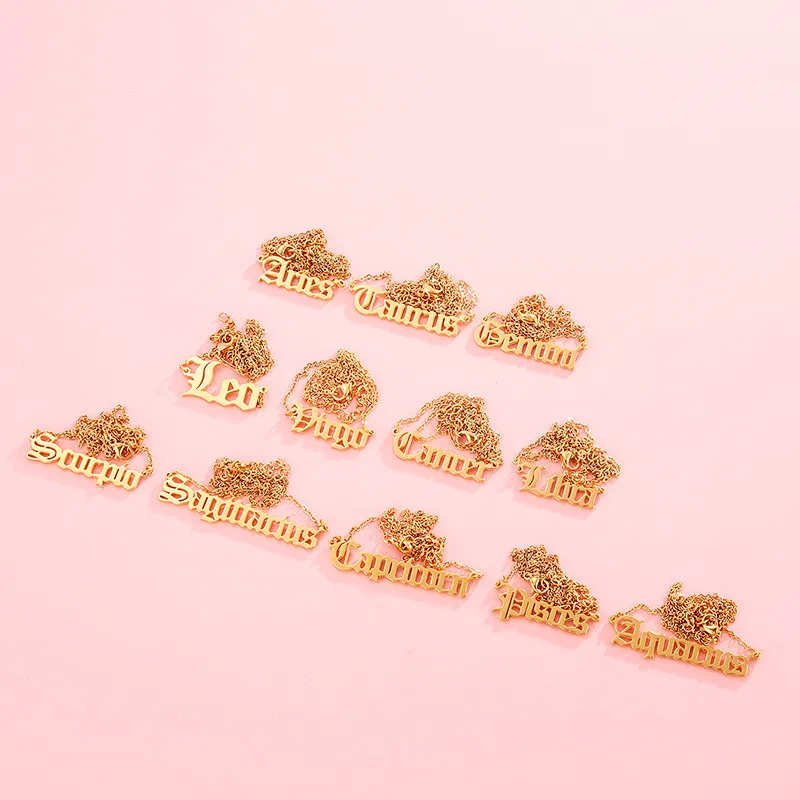 Simple 12 Zodiac Signs English Letter Necklace 18K Gold Personalized Fashion Stainless Steel Necklace Wholesale