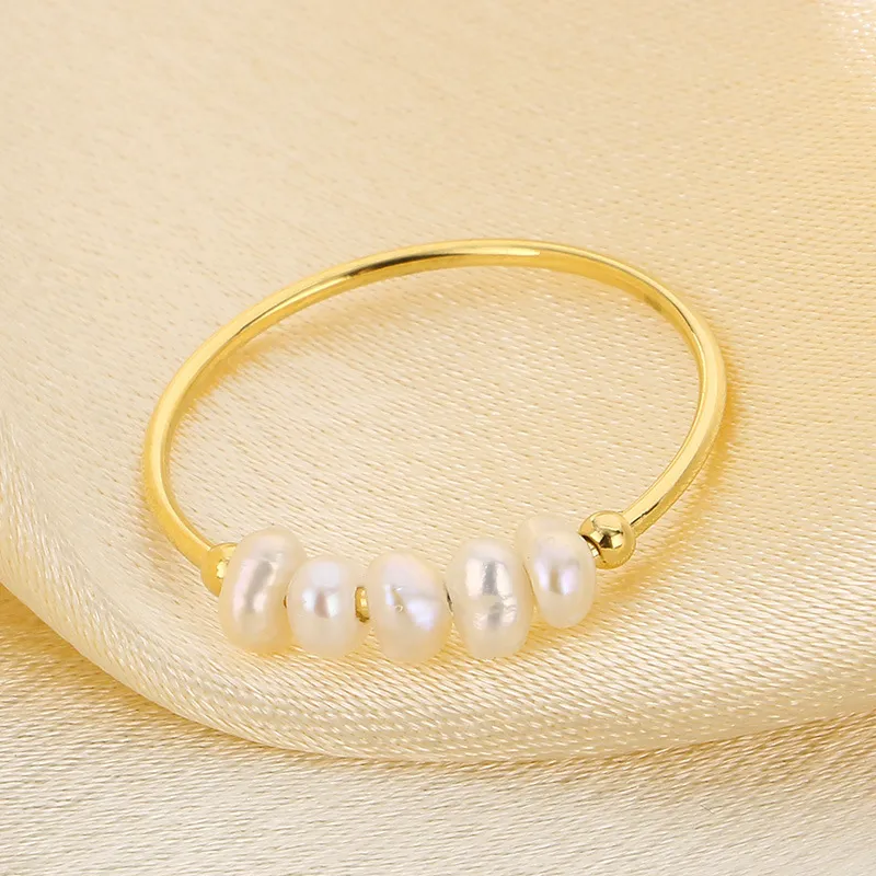 Natural Pearl Ring Gold Plated Stainless Steel Jewelry Freshwater Pearl Stacking Ring