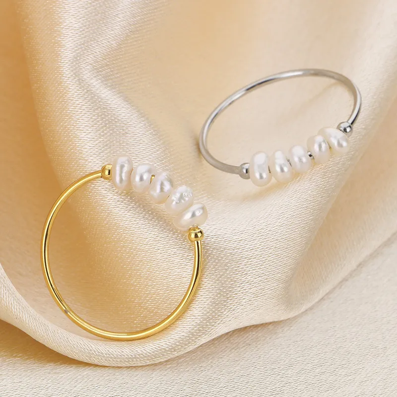Natural Pearl Ring Gold Plated Stainless Steel Jewelry Freshwater Pearl Stacking Ring