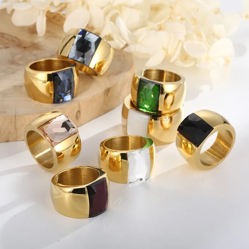 Fashionable Trendy Ladies Stainless Steel Multi-Color Personalized Glass Wide Ring Jewelry