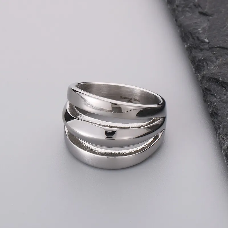 Stainless Steel Geometric Lines Personalized Three-Layer Ins Style Men's Atmospheric Ring