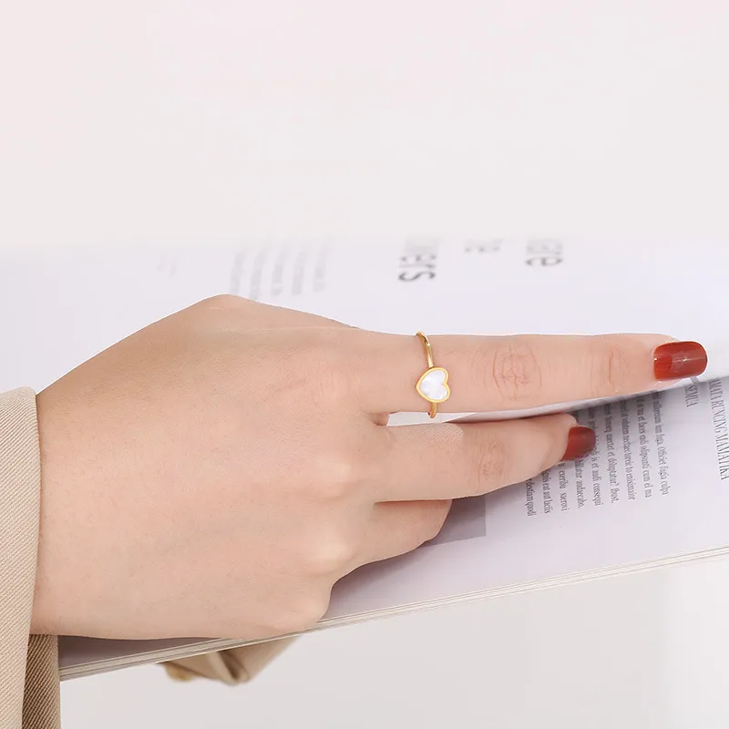 Fashion 18K Gold-Plated Stainless Steel Open Heart Ring Minimalist Adjustable White Shell Rings