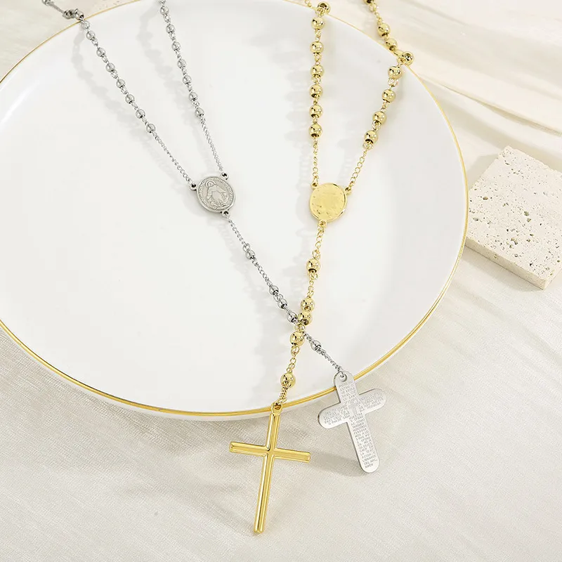 Stainless Steel Niche Design Cross Retro Beaded Necklace Clavicle Chain for Women