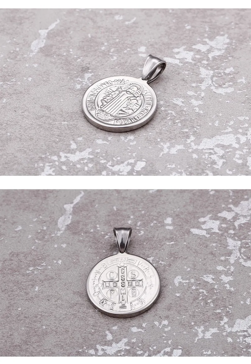 Komi Saint Benedict Christian Stainless Steel Disc Necklace Priest Exorcist Pendant