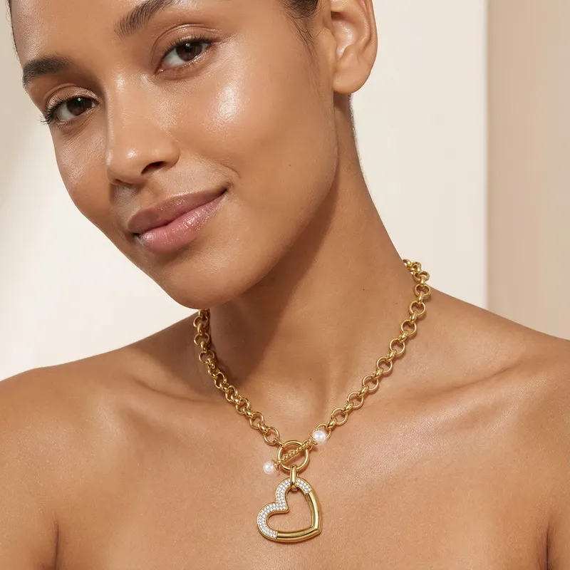 Fashion Jewelry Set Personalized Hollow Heart Pendant Stainless Steel Necklace Women Wholesale