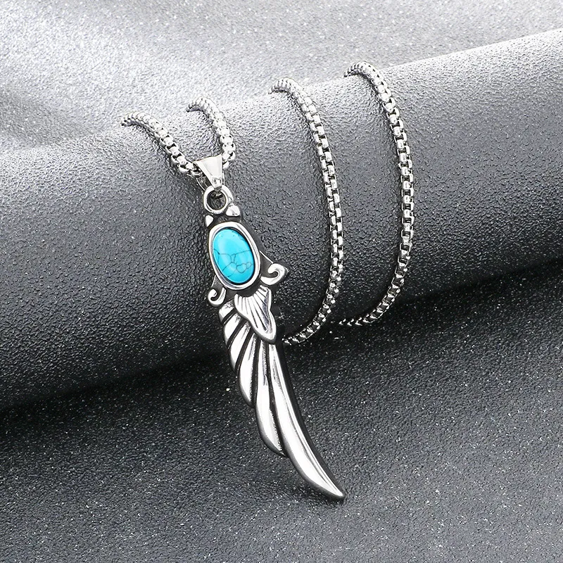 Trendy Axe Devil's Eye Pendant, Ethnic Style Retro Blue Turquoise Feather Pendant, Stainless Steel Men's Accessory