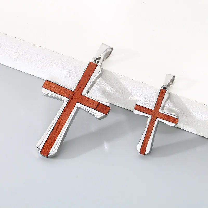 Fashion Personalized Stainless Steel Inlaid Red Pear Solid Wood Cross Pendant