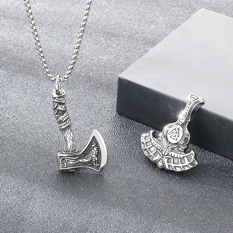 Vintage Personalized Thor's Hammer Accessories Nordic Viking Guide Rune Skull Axe Stainless Steel Men's Pendant
