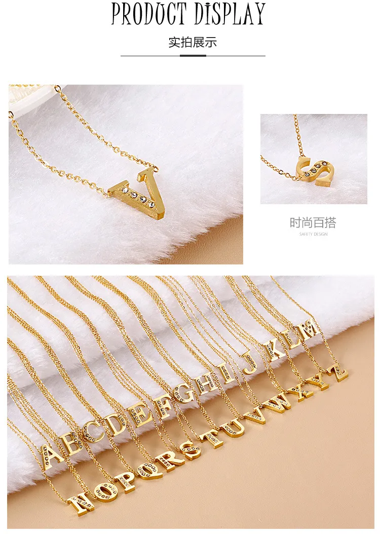Stainless Steel 18K Gold-Plated Creative Diamond Studded 26 Uppercase English Letters Fashionable Collarbone Necklace