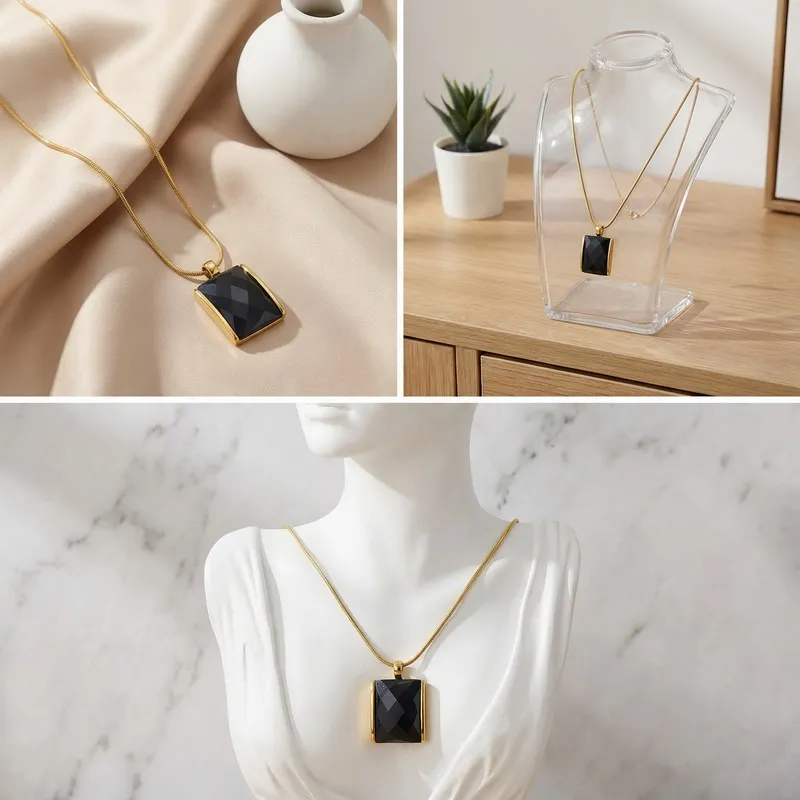 Personalized Square Multi-Color Glass Pendant Necklace Snake Bone Chain 18K Gold-Plated Stainless Steel Necklace Wholesale