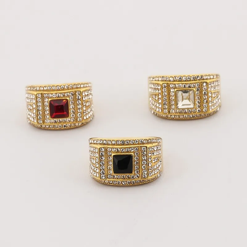 Cross-Border Fashionable Colored Gemstone Ring, European and American Hip-Hop Style, Studded with Diamonds, with a Solid Stainless Steel Texture, Men's Ring