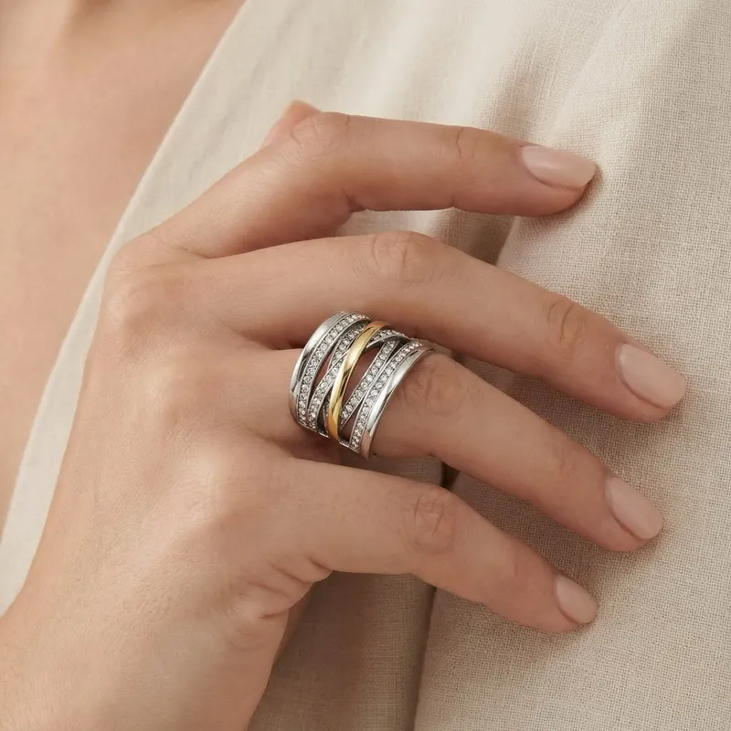Fashion Entwined Multi-Band Shiny Zircon Ring Stainless Steel Vintage Oversized Wide Ring
