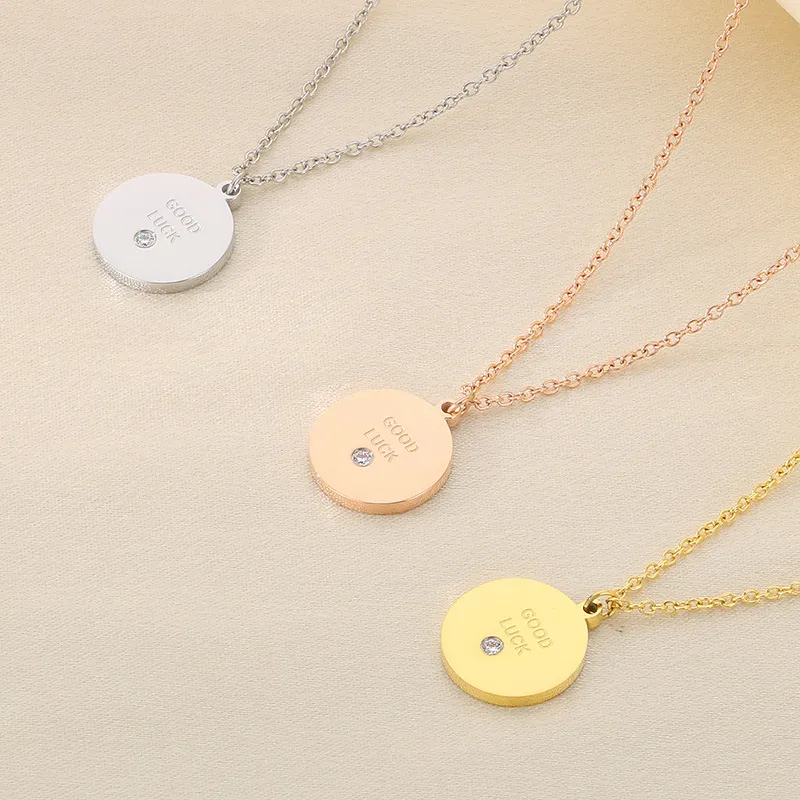 Simple Stainless Steel Circular Heart, Good Luck and Fortune Logo with Diamond Studded Pendant Necklace