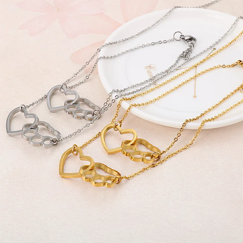 New Creative Heart-Shaped Cute Cat Paw Stainless Steel Necklace and Bracelet Jewelry Sets