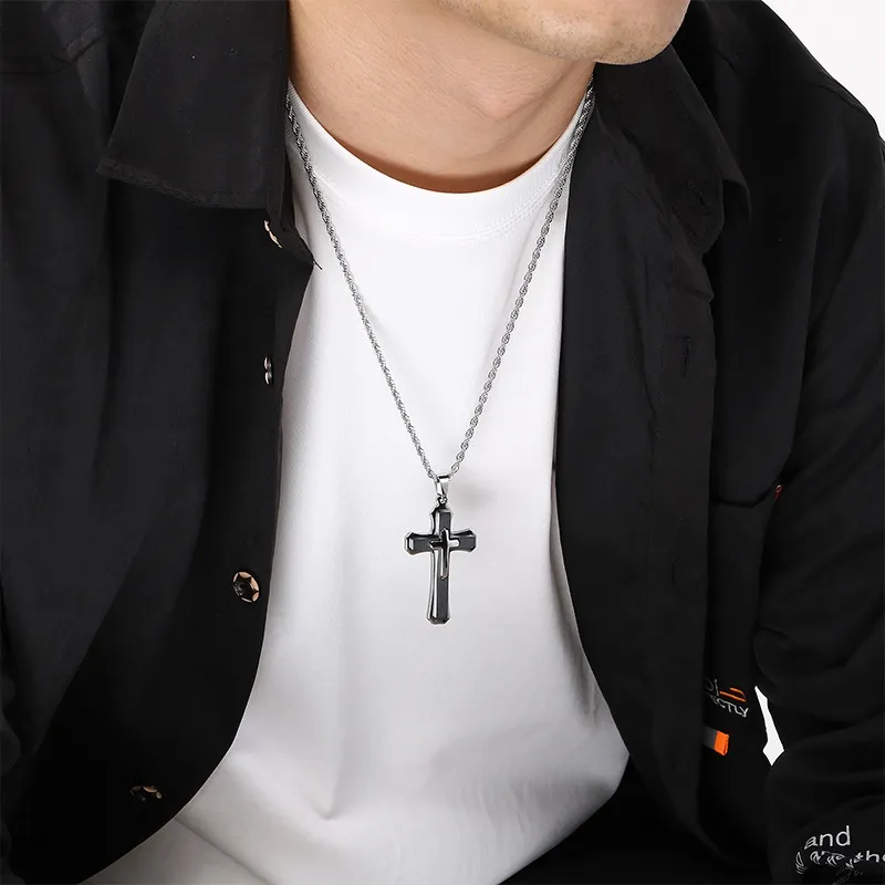 Men's Trendy Stainless Steel Three-Layer Three-Dimensional Cross Pendant Accessory Jewelry Wholesale