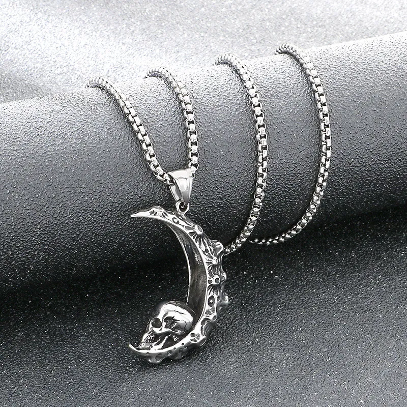 Gothic Style Dark Crescent Rose Pendant Punk Retro Personality Skull Moon Stainless Steel Men's Pendant