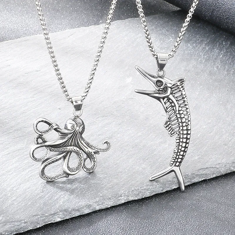 Popular Marine Creature Octopus Pendant with Punk Style, Aged, Blackened, Hollowed out Fishbone Stainless Steel Men's Pendant