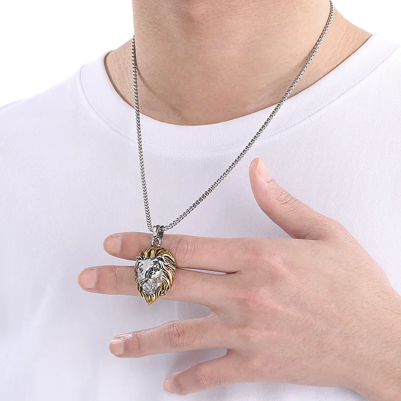 Mighty Hip Hop Zircon Jungle King Lion Head Stainless Steel Men's Pendant