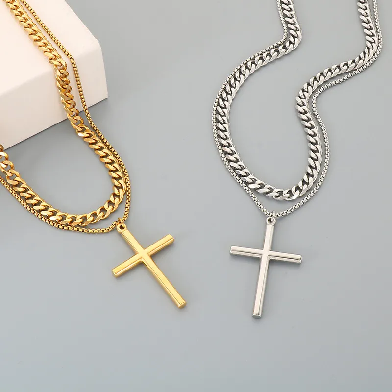 Simple Smooth Cross Pendant Necklace, European and American Six Sided Ground Square Pearl Chain, Double Layered Men's Necklace