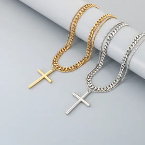 Simple Smooth Cross Pendant Necklace, European and American Six Sided Ground Square Pearl Chain, Double Layered Men's Necklace