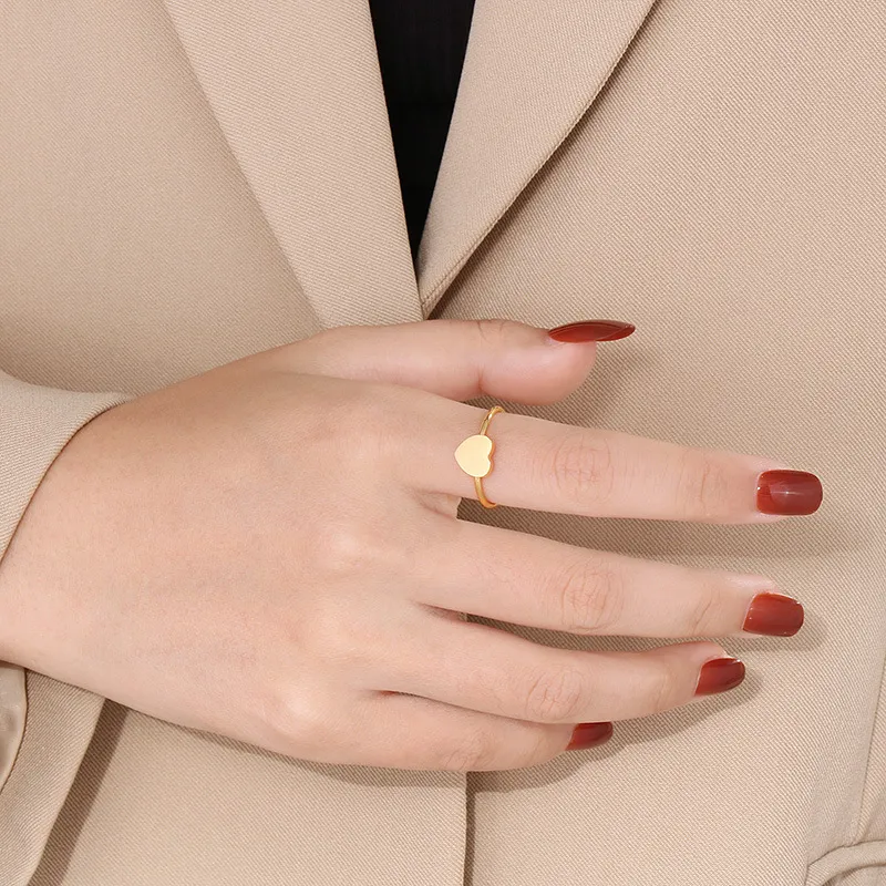 Minimalist Ins Style Stainless Steel Heart-Shaped Adjustable Size Ring for Girls' Accessories