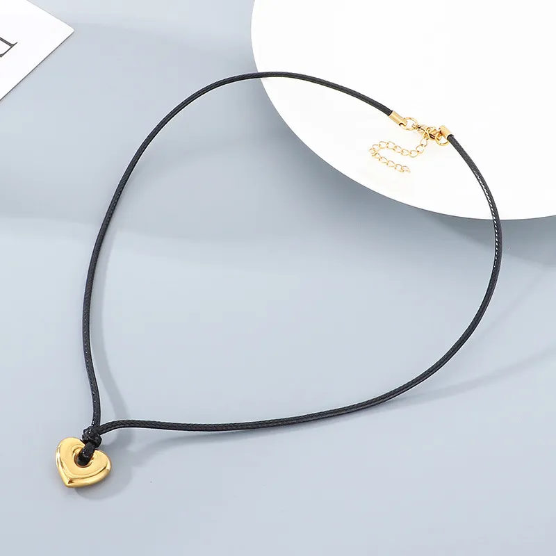 Popular Heart-Shaped Sweater Chain Necklace with Creative Fashion, Wax Rope, Five Pointed Star, Hexagonal Stainless Steel Pendant Necklace