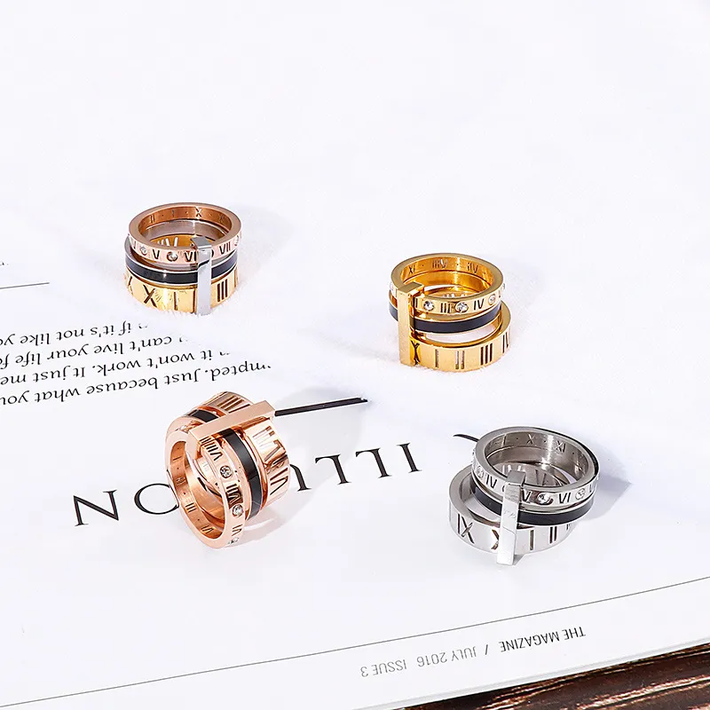 Creative Trendy Unisex Stainless Steel Epoxy Resin Combined Diamond-Embedded Roman Numeral Ring