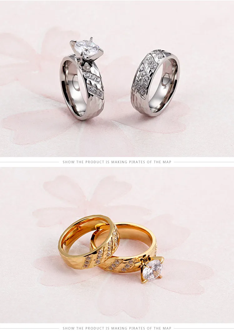 Korean Japanese Stainless Steel Couple's Matching Ring 18K Gold Textured Diamond-Embedded Rings