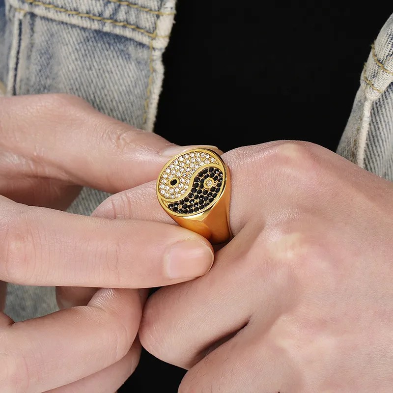 Fashion Lion Head Square Ring Hip Hop Rhinestones Cross Tai Chi Stainless Steel Men's Ring